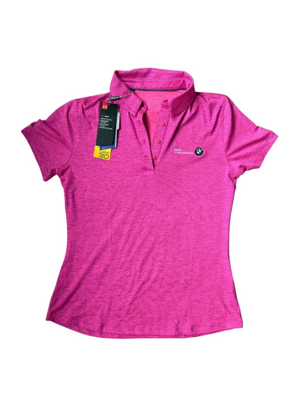 Under Armour New Women’s Medium Golf BMW Pink Polo Short Sleeve UPF 30 - Picture 2 of 10